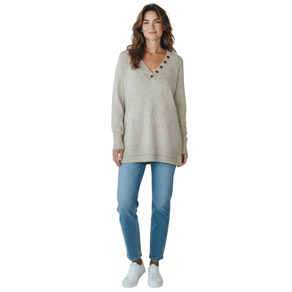 Anthropologie Beige Knit Sweater V Neck Button Detail Long Sleeve S